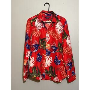 Yves Enzo Paris Men's L 41/42 Slim Fit Tropical Floral Shirt Red Button Up